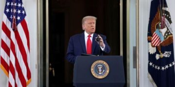 U.S. President Donald Trump delivers remarks at the North Portico of the White House.  REUTERS
