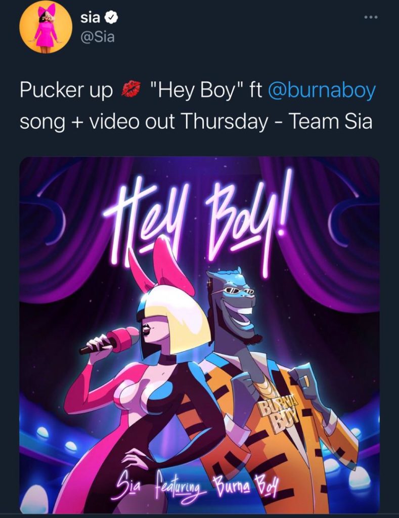 BURNA BOY FEATURED ON SIA'S 'HEY BOY' 3 sia tweet