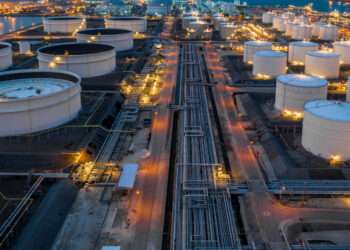 Liquid chemical tank terminal, Storage of liquid chemical and petrochemical products tank, Aerial view.
