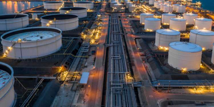 Liquid chemical tank terminal, Storage of liquid chemical and petrochemical products tank, Aerial view.
