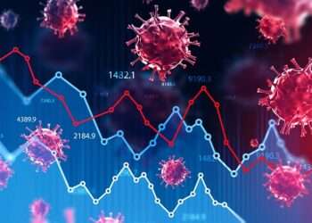 Ncov 2019 covid 19 coronavirus with double exposure of blurry falling financial graphs. Concept of financial crisis due to coronavirus pandemic. 3d rendering