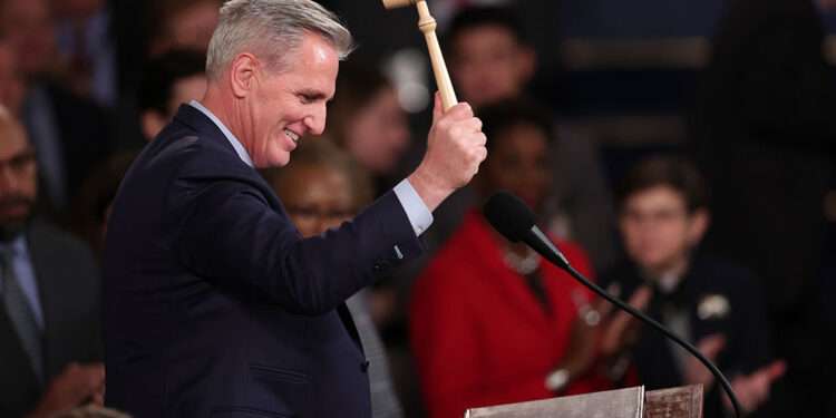 Speaker of the House Kevin McCarthy (R-CA) celebrates with the gavel after being elected in the House Chamber at the U.S. Capitol Building on January 07, 2023