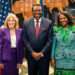 Namibian President Hage Geingob (C), Namibia's First Lady Monica Geingos (R) and US First Lady Jill Biden (L) pose for a photo at the State House in Windhoek on February 22, 2023.