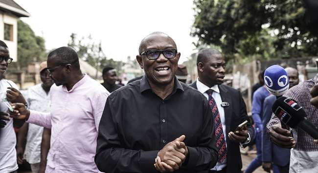 Nigeria Elections 2023: Peter Obi Votes In Anambra, Kwankwaso Votes In Kano 1 Labour Party presidential candidate Peter Obi (C) talks to the media at his house in Amatutu on February 25, 2023, before polls open