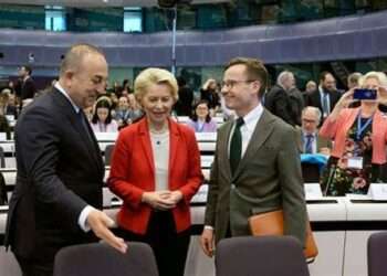 European Commission President Ursula von der Leyen, center, speaks with Turkey's Foreign Minister Mevlut Cavusoglu, left, and Sweden's Prime Minister Ulf Kristersson, right, during an International Donor's Conference for Turkey and Syria at the Charlemagne building in Brussels on Monday, March 20, 2023.