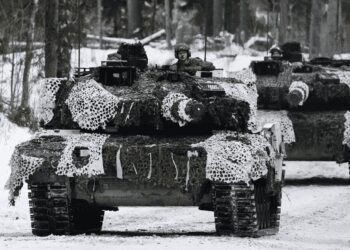 Denmark's Leopard 2A7 tanks move during the Winter Camp 23 military drills near Tapa, Estonia, Sunday, Feb. 5, 2023.