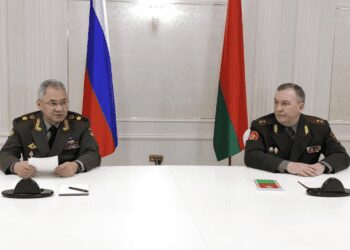 Russian Defense Minister Sergei Shoigu, left, and Belarusian Defense Minister Viktor Khrenin speak to the media after a session of the Council of Defense Ministers of the Collective Security Treaty Organization (CSTO) in Minsk, Belarus, Thursday, May 25, 2023.