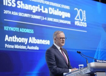 Australian Prime Minister Anthony Albanese deliver keynote address during the opening dinner for the 20th International Institute for Strategic Studies (IISS) Shangri-La Dialogue, Asia's annual defense and security forum, in Singapore, Friday, June 2, 2023.