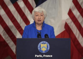 U.S. Treasury Secretary Janet Yellen delivers her speech at the U.S embassy to France, ahead of the Global Climate Finance conference, Thursday, June 22, 2023 in Paris.