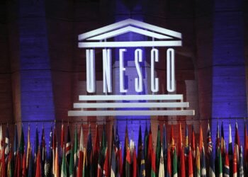 The logo of the United Nations Educational, Scientific and Cultural Organisation (UNESCO) is seen during the 39th session of the General Conference at the UNESCO headquarters in Paris, Saturday, Nov. 4, 2017.
