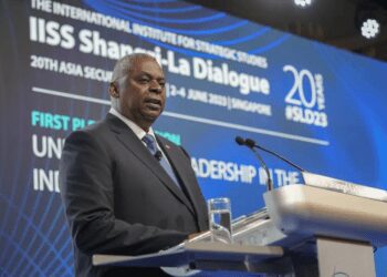 U.S. Secretary of Defense Lloyd J. Austin III speaks at the 20th International Institute for Strategic Studies (IISS) Shangri-La Dialogue, Asia's annual defense and security forum in Singapore, Saturday, June 3, 2023.