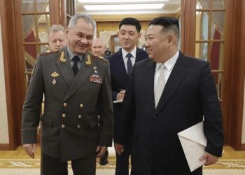 North Korean leader Kim Jong Un, right, meets with Russian Defense Minister Sergei Shoigu at the headquarters of the ruling Workers’ Party’s Central Committee in Pyongyang, North Korea.