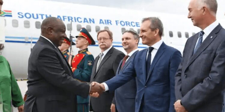 South Africa's President, Cyril Ramaphosa arrives at Pulkovo International   Airport on Wednesday, July 26, 2023.