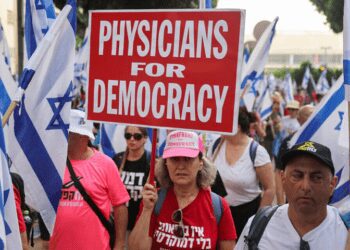 Doctors demonstrate against the judicial overhaul in Tel Aviv.
