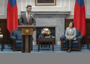 Paraguay's President-elect, Santiago Pena, left, speaks during a meeting with Taiwanese President, Tsai Ing-wen on Wednesday, July 12, 2023.