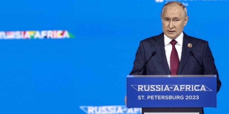 Russian President Vladimir Putin delivers a speech during a plenary session of the Russia-Africa Summit and Economic and Humanitarian Forum in St. Petersburg, Russia, Thursday, July 27, 2023.