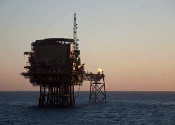 Offshore oil production platform in North Sea.