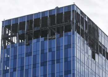 A view of the damaged building seen after a reported drone attack in Moscow, Russia on Monday, July 24, 2023.