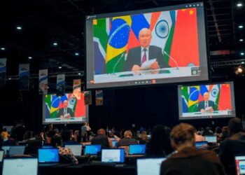 Russia’s President Vladimir Putin speaks to leaders in South Africa from the Kremlin via video link on Wednesday, August 23, 2023.