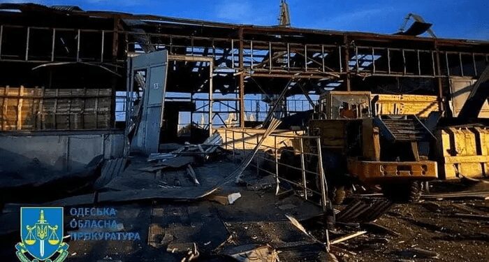 View of the damage at a grain port facility in the Odesa region.