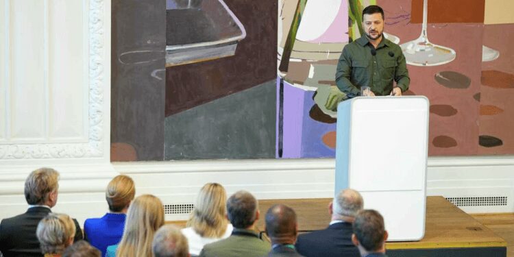 Ukraine's President, Volodymyr Zelenskyy speaks at the Danish Parliament in Copenhagen, Monday Aug. 21, 2023.