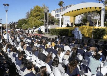 Pope Francis attends a meeting with the students of the Portuguese Catholic University in Lisbon, Thursday, August 3, 2023.