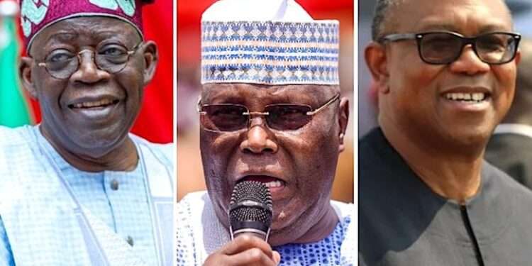 Combination picture of President Bola Tinubu, Atiku Abubakar and Peter Obi.