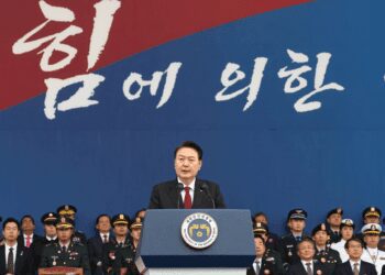 South Korean President Yoon Suk Yeol delivers a speech during a ceremony to mark the Armed Forces Day at Seoul Air Base in Seongnam near the capital on Sept. 26, 2023.