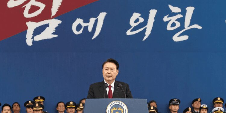 South Korean President Yoon Suk Yeol delivers a speech during a ceremony to mark the Armed Forces Day at Seoul Air Base in Seongnam near the capital on Sept. 26, 2023.