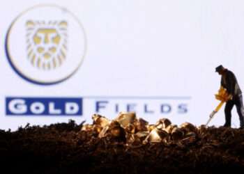 A small toy figure and gold imitation are seen in front of the Gold Fields logo in this illustration taken November 19, 2021. REUTERS/Dado Ruvic/Illustration/File Photo