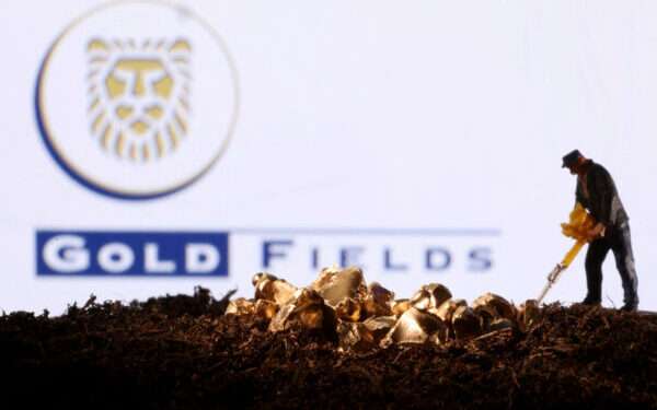 A small toy figure and gold imitation are seen in front of the Gold Fields logo in this illustration taken November 19, 2021. REUTERS/Dado Ruvic/Illustration/File Photo