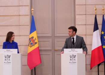 Moldova's President Maia Sandu and France’s President Emmanuel Macron attend a media conference ahead of a working lunch at the Elysee Palace in Paris, March 7, 2024.