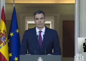 Spain's Prime Minister, Pedro Sanchez giving a statement at the Moncloa Palace in Madrid to the press to communicate his decision to remain in post.