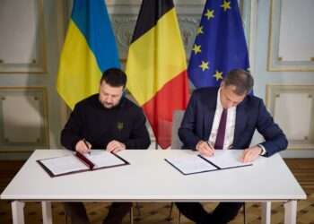 President of Ukraine, Volodymyr Zelenskyy and Prime Minister of Belgium Alexander De Croo sign a bilateral Agreement on Security Cooperation and Long-Term Support in Brussels.