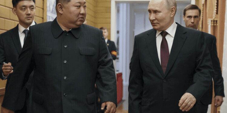 North Korean leader Kim Jong-un (left)and Russian President, Vladimir Putin as North Korea Confirms Deployment Of Troops To Russia