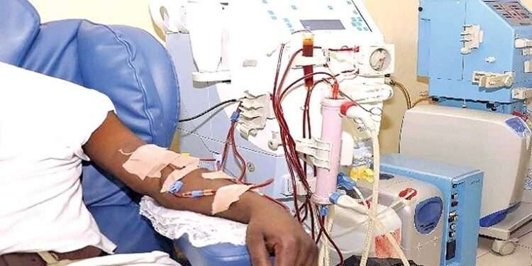 A patient undergoing a dialysis treatment in a hospital