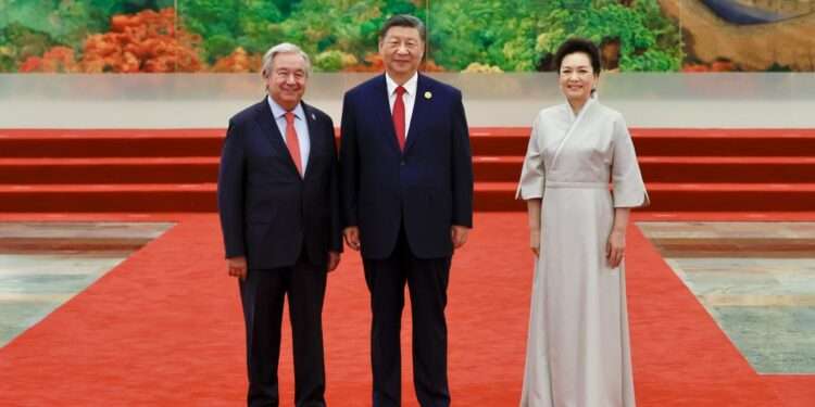 UN Secretary-General António Guterres with Chinese President Xi Jinping and his wife, Peng Liyuan, at the 2024 Forum on China-African Cooperation in Beijing.