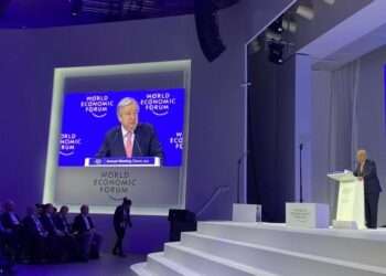 UN Chief Warns World Leaders of Global Existential Threats 2 The UN Secretary-General António Guterres addresses the World Economic Forum in Davos, Switzerland.