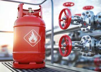 Production, delivery and filling with natural gas of lpg gas bottle or tank. 3d illustration