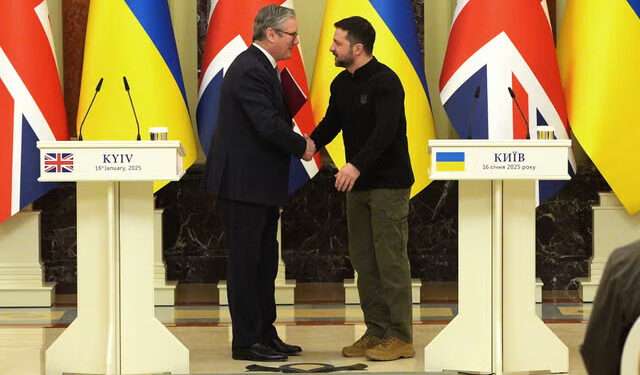 Prime minister Sir Keir Starmer and Ukrainian president Volodymyr Zelensky shake hands ahead of their bilateral talks in Kyiv