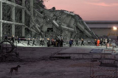 Rescue teams operate at a construction site where a building collapsed in Bangkok on 28 March 2025, following an earthquake.