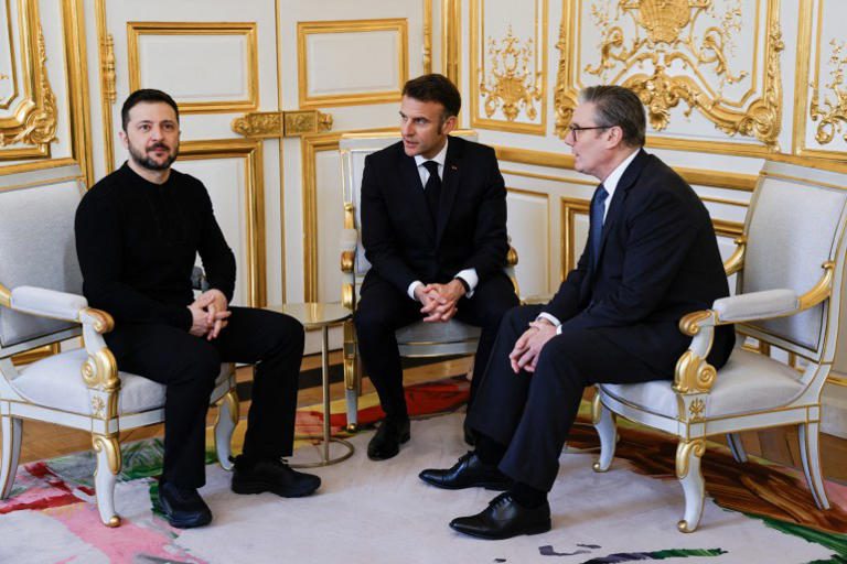 Zelenskyy, Macron and Starmer speak at the trilateral meeting on the sidelines of a summit for ‘coalition of the willing’ at the Elysee Palace, in Paris, on March 27, 2025
