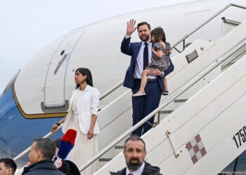 JD Vance and the second lady, Usha, disembarking from Air Force Two as Vance Lands In India For Talks