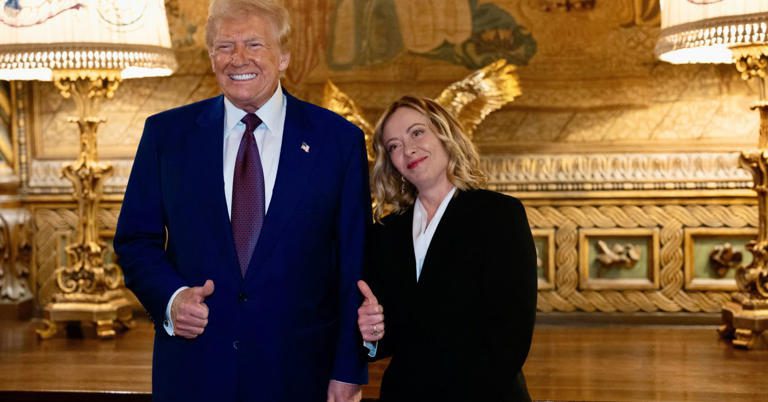Then U.S. President-elect Donald Trump and Italian Prime Minister Giorgia Meloni at Mar-a-Lago in Palm Beach, Florida, on Jan. 4, 2025.