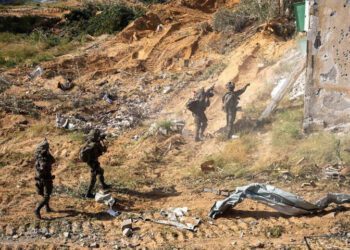 Troops of the 36th Division operate in the Morag Corridor in the southern Gaza Strip, in a handout photo issued on April 12, 2025.