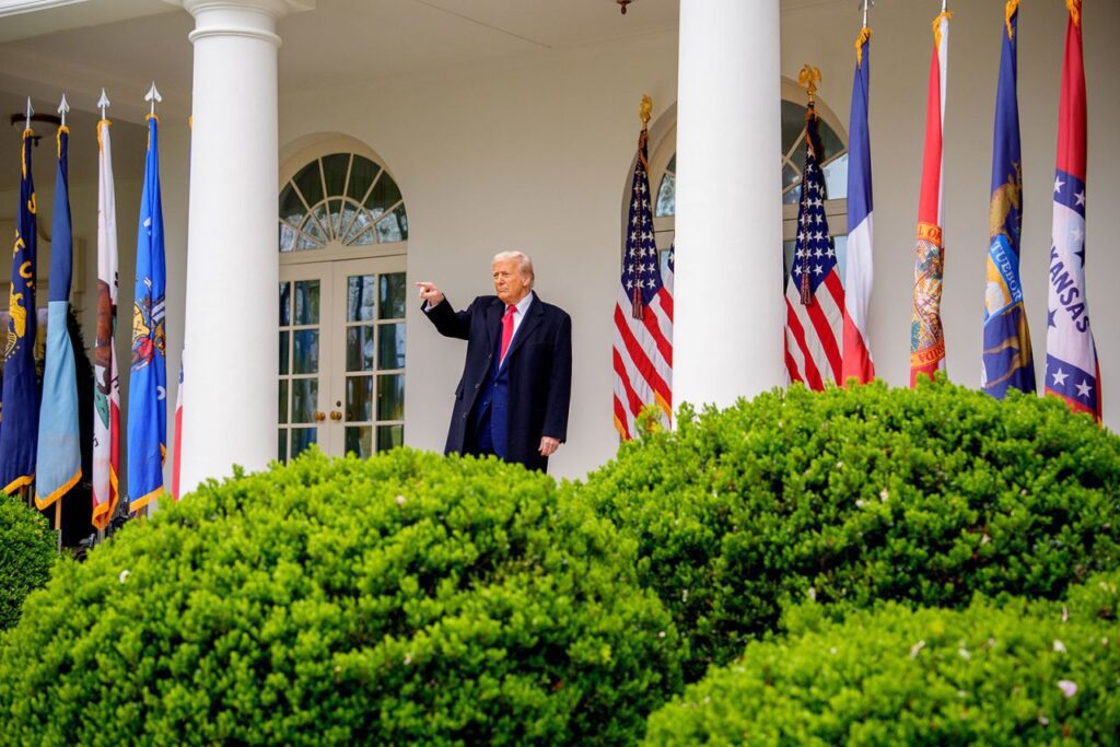 President Donald Trump departs after signing executive orders imposing tariffs on imported goods during a "Make America Wealthy Again" trade announcement event in the Rose Garden at the White House as Trump’s “Liberation Day” Tariffs Unveiled	