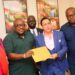 The Dean of the Diplomatic Corps and Ambassador of Lebanon to Ghana, H.E. Maher Kheir, receiving the petition from the representatives of the coalition of Political Parties