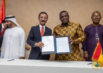 Ghana’s Minister for Communication, Digital Technology, and Innovations, Hon. Samuel Nartey George and H.E. Sultan Ahmed Bin Sulayem, Group Chairman and CEO of DP World and Chairman of PCFC signing the MOU