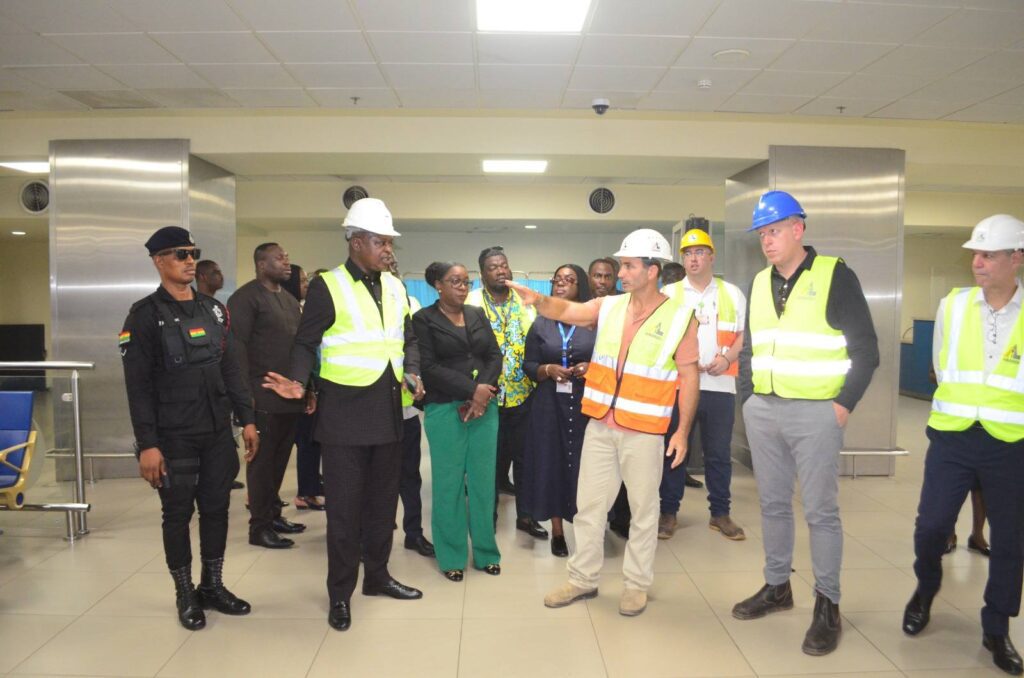 Ghana's Minister of Transport, Joseph Bukari, the Chief Executive Officer of the Ghana Airports Company Limited (GACL), Mrs. Yvonne Nana Afriyie Opare, and her Deputy, Ms. Obuobia Darko Opoku, inspecting the ongoing construction project at the KIA
