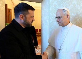 Pope Leo XIV and President of Ukraine Volodymyr Zelenskyy shake hands during a meeting on July 9, 2025.